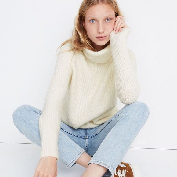 Madewell Mercer Turtleneck Ribbed Knit Relaxed Fit Sweater in Antique Cream - Picture 1 of 8